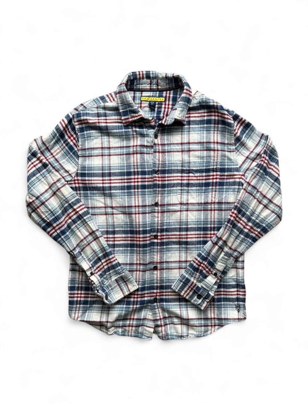 Prince & Fox Men's Blue Red White Plaid Long Sleeve Button-Down Flannel Shirt